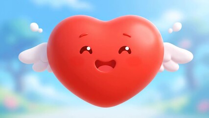 Animated heart with wings against a blue sky background - Powered by Adobe
