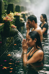 People performing water-purification prayers at a temple spring; sacred offerings, flowing spouts and calm devotion in the mist — generative AI