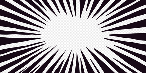 Irregular speed effect with bold black rays forming an anime comic manga frame on transparent background. Motion vector background for posters, stickers, covers, and graphic designs