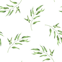 Watercolor seamless pattern with green eucalyptus leaves on white background. Elegant botanical illustration for fabric, wrapping paper, wedding invitations, and eco designs.