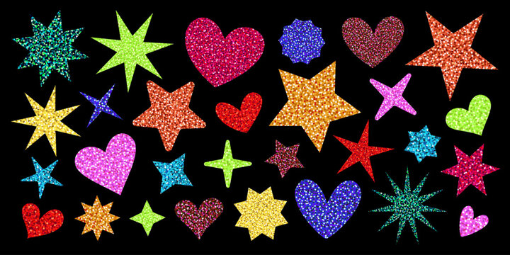 Glitter stickers set with stars and hearts in bright sequin textures. Sparkly vector shapes in red, gold, blue, green, and pink with confetti shine. Perfect valentine and christmas party decor.