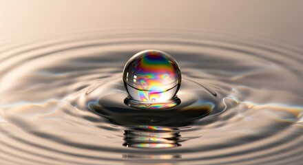 Naklejka premium Close-up shot of a water droplet with rainbow refraction caught mid-air above concentric ripples on a water surface