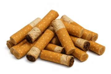Pile of discarded cigarette butts representing smoking cessation, addiction, health problems, and tobacco waste on transparent background