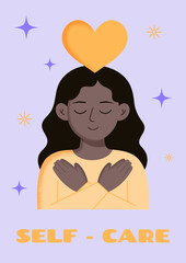 Mental health poster with black girl  hugs herself . Poster in yellow and light blue colours with grain texture. Self-care consept. Psychological help banner. Flat style. Vector illustration.