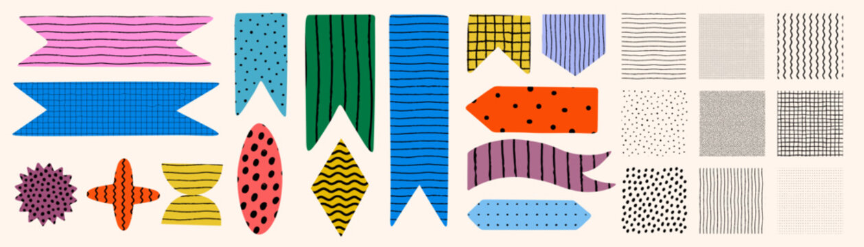 Pattern collection and colorful shapes, ribbons, decorated with stripes, dots, grids, and waves. Shapes and patterns with crayon and doodle texture. Drag to swatches panel to use