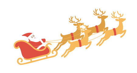 Santa claus riding in his sleigh pulled by a team of reindeer across a white background
