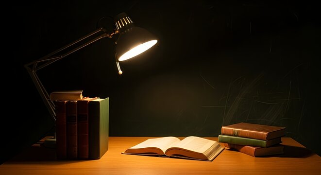 Warm desk lamp illuminates antique books on wooden table creating cozy study atmosphere for deep learning and research inspiration