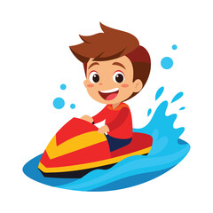 Joyful young boy with brown hair and a red shirt happily riding a red and yellow jet ski on a bright blue ocean with splashing water and bubbles