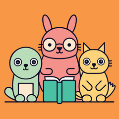 Three cute cartoon animals a green dog a pink rabbit wearing glasses and a yellow cat sitting together reading an open book on an orange background