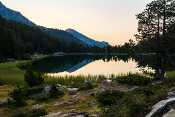 Laquettes Lakes with calm waters surrounded by pine trees