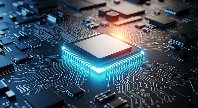 Dynamic glowing computer chip on intricate circuit board, symbolizing innovation and advanced technology in a modern digital world