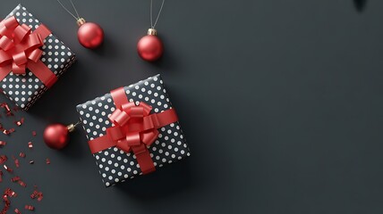 Obraz premium Festive gift boxes with red ornaments on dark background