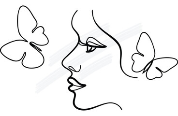 Modern Continuous Line Art Woman Profile with Ethereal Butterflies Graphic Design