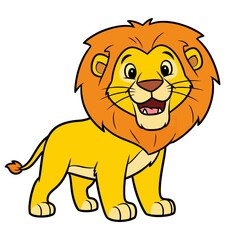 Friendly cartoon lion with a happy expression and a flowing mane, standing proudly.