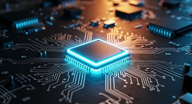 Brilliant glowing CPU chip on circuit board symbolizing advanced technology and innovation in digital era