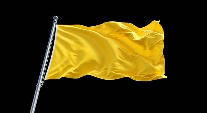 Vibrant yellow flag waving majestically against a dramatic black background, symbolizing warning or caution