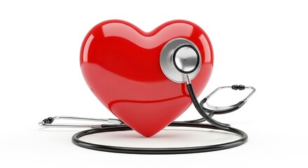 Professional stethoscope examining a vibrant red heart symbol, representing health, care, and medical checkups