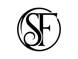 SF Monogram Logo. Elegant black-and-white letters S F inside a stylized circular frame, minimalist and classic design for branding. 