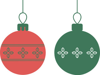 Two festive christmas ornaments one red and one green hanging against a white background with decorative patterns