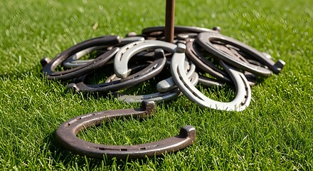Lucky horseshoes piled on lush green grass ready for a classic outdoor game of chance and skill