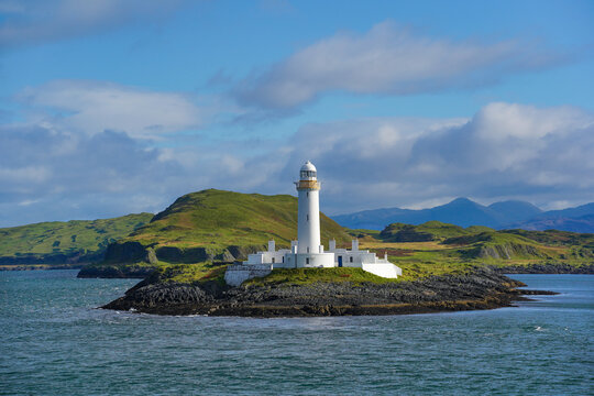 Lismore Lighthouse on Eilean Musdile in Scotland. It is a lighthouse on a small islet in the south west of Lismore island.