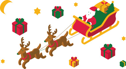 Fototapeta premium Santa claus flying in his sleigh pulled by reindeer delivering gifts and presents during christmas holidays