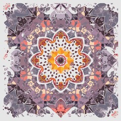 Elegant print for carpet, scarf, ceramic tile with mandala flower in cocoa powder, chocolate, gray, orange, beige and white colors. Beautiful collection. 