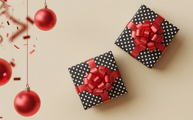 Obraz premium Two festive gift boxes with red ribbon and ornaments, christmas celebration