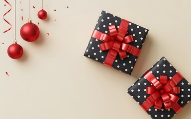 Fototapeta premium Two festive gift boxes with red ribbon and ornaments on a light background