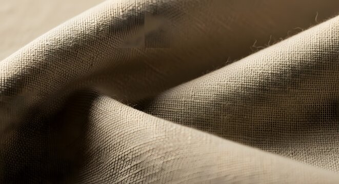Close-up of linen fabric texture in warm beige tones, soft folds and natural shadows, macro photography style, minimal aesthetic, realistic detail and depth.
