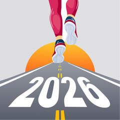 Runner's Legs Moving Forward on a Road Marked 2020 with a Setting Sun and Yellow Lines running feet