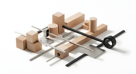 Clean geometric arrangement of wooden and metal objects on a plain white background, precise alignment, negative space emphasis, modern minimal design aesthetic.
