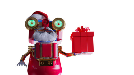 Funny Christmas Robot Santa with Gifts Winter Scene render 3d