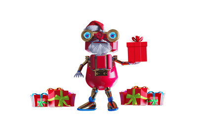 Funny Christmas Robot Santa with Gifts Winter Scene render 3d