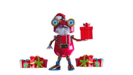 Funny Christmas Robot Santa with Gifts Winter Scene render 3d