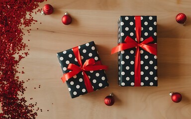 Obraz premium Two festive gift boxes with red ribbon and polka dots on a wooden table
