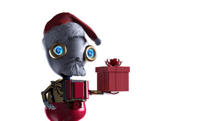 Funny Christmas Robot Santa with Gifts Winter Scene render 3d