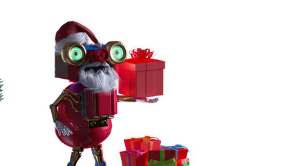 Funny Christmas Robot Santa with Gifts Winter Scene render 3d