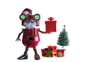 Funny Christmas Robot Santa with Gifts Winter Scene render 3d