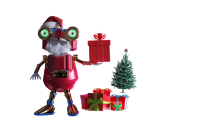Funny Christmas Robot Santa with Gifts Winter Scene render 3d