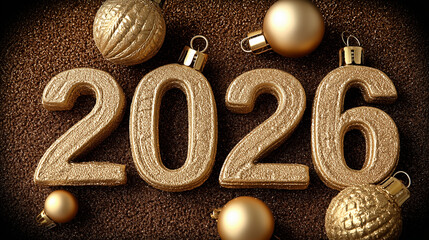 New Year celebration flat-lay: gold and silver decorations, champagne glasses, confetti, 2026 numbers, clean background, high-key lightin