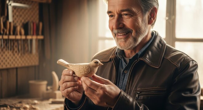 Happy Senior Wood Carver Inspecting a Finished Wooden Bird Sculpture in a Sunny Workshop