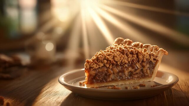 A single slice of pecan pie rests on a plate, highlighted by warm, soft light streaming from behind. The pecan pie slice, with its crunchy topping and rich filling, looks inviting