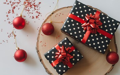 Obraz premium Two black gift boxes with red ribbon and polka dots on wood slice