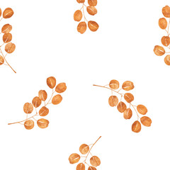 Seamless pattern with watercolor copper orange leaves on white background. Warm natural botanical design ideal for wrapping paper, fabric, wallpapers, and autumn decor.
