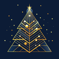 Minimal Geometric Golden Christmas Tree with Sparkling Lights on Dark Background