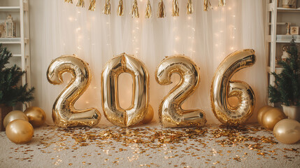 New Year celebration flat-lay: gold and silver decorations, champagne glasses, confetti, 2026 numbers, clean background, high-key lightin