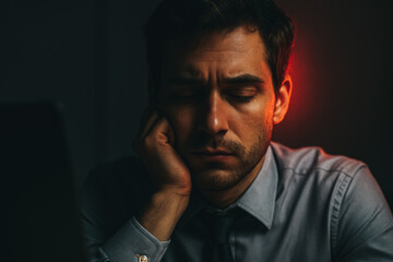 Moody office portrait of exhausted young businessman in shirt and tie falling asleep at laptop in dark room with dramatic red rim light, work stress and burnout concept, generative AI