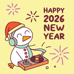 Funny Snowman DJ Mixing Music with Happy 2026 New Year on Dark Background