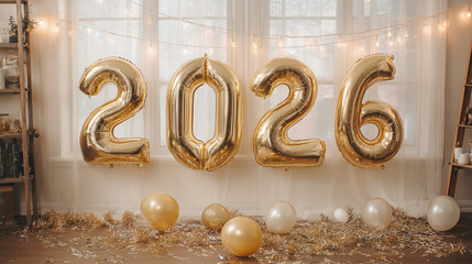 New Year celebration flat-lay: gold and silver decorations, champagne glasses, confetti, 2026 numbers, clean background, high-key lightin